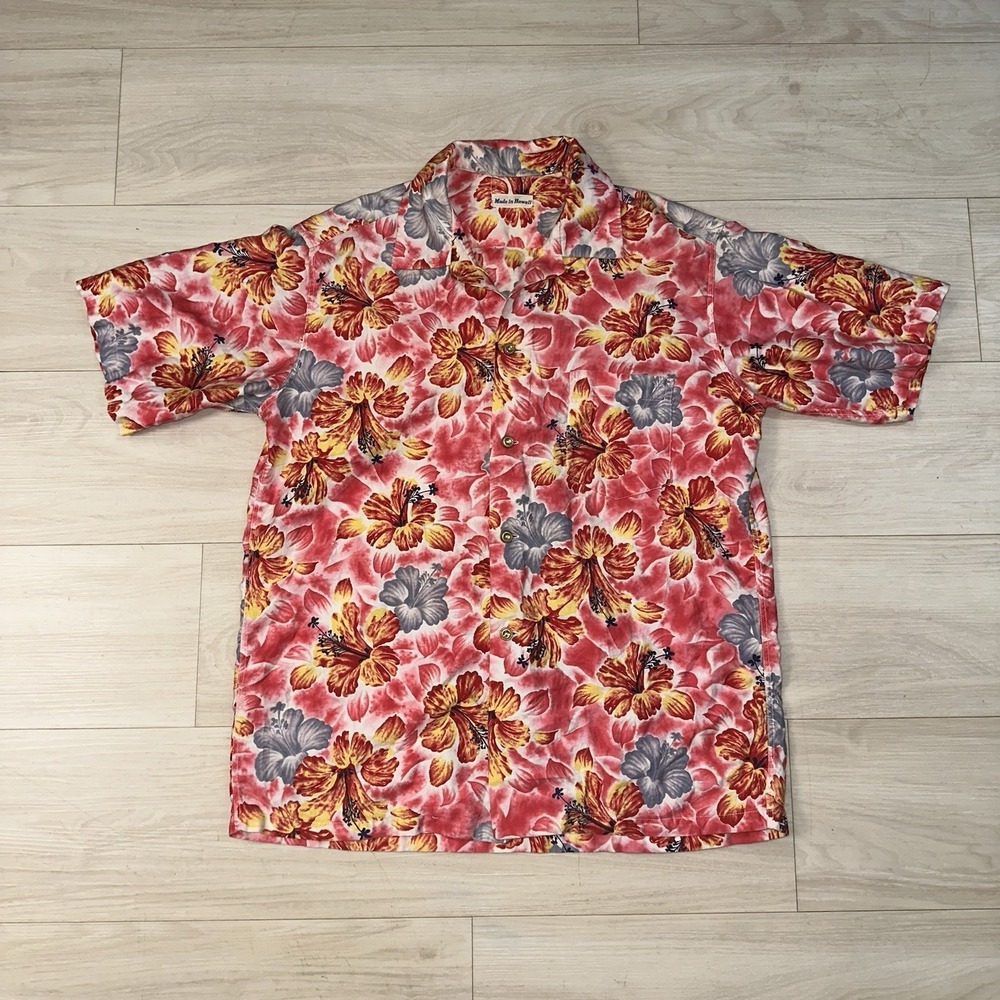 Vintage‎ Hawaiian Shirt Mens Large Pink Floral Loop Collar Camp Shirt Cotton 60s